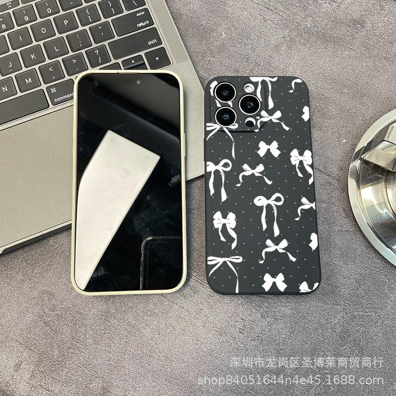 White bow is suitable for iPhone15 mobile phone case 14PROMAX all-inclusive 13/11 anti-drop 16/15 protective case 17.