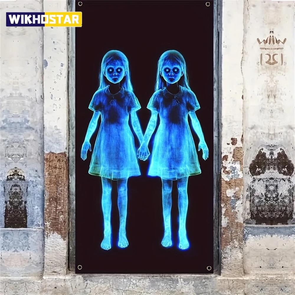 2D Door Banner, Zombie Horror Gothic Halloween Door Banner 2D Flat Hanging Decor with Glowing Blue Ghosts,Spooky Entrance Decor