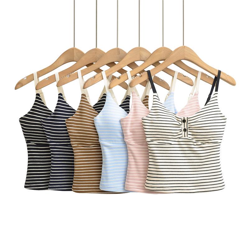 Korean Spicy Girl Striped Camisole: Spring/Summer Slimming Sleeveless Top with Chest Pads in Cotton