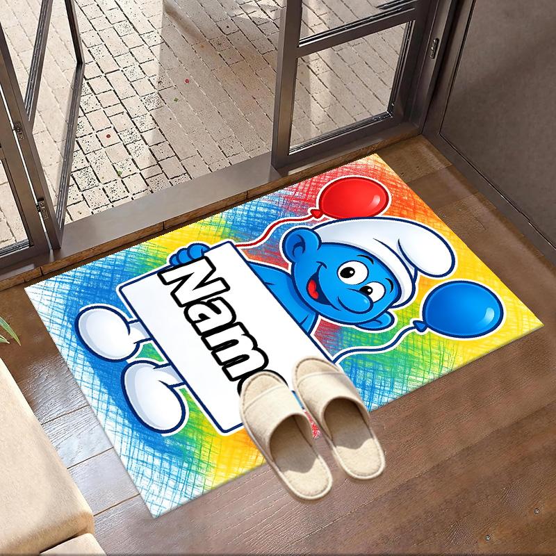 Custom Name Personalized Blue Smurfs Print Carpet, Versatile Home Decor Rug, for Playroom, Apartment, Balcony, Entryway, Hallway Gift