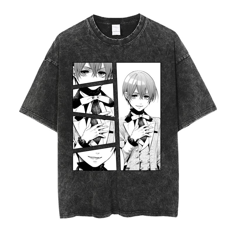 T-shirt Stampata Cool con Personaggio Michaelis Sebastian di Black Butler per Uomo Donna Magliette in Cotone Manga T-shirt Lavata Vintage T-shirt Maschile Harajuku