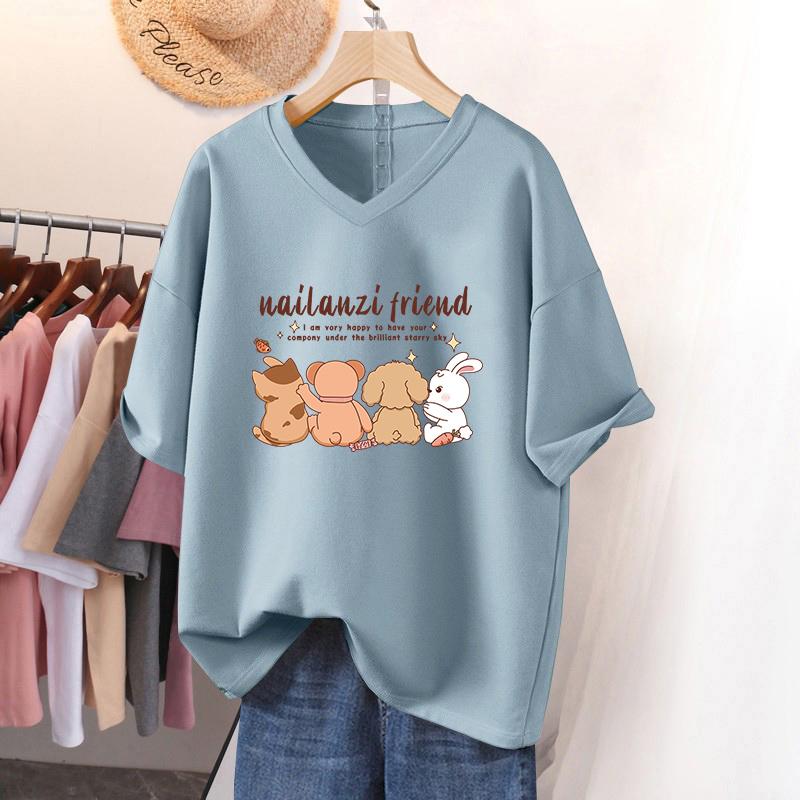 

Женская футболка с коротким рукавом, большого размера, свободного кроя, стройнящая, нишевая, топ из чистого хлопка с V-образным вырезом, закрывающий живот 5XL светло-синий