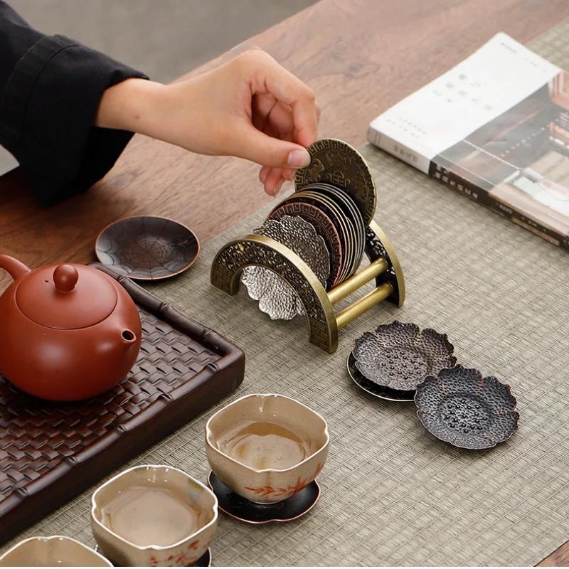 Vintage Metal Coasters Alloy Cup Holder Tea Dish Coaster Antique Zen Style Heat Insulation Pad Kung Fu Tea Ceremony Accessories