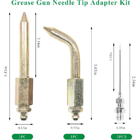 5 PCS Grease Gun Needle Tips, Grease Gun Accessory Kit Includes 1 Straight & Bent Nozzle, 3 Needle Tips, Grease Injector Fitting Tool for Ball Joints