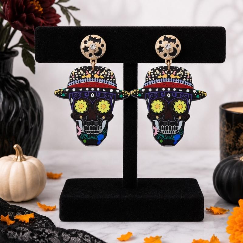 Halloween Acrylic Skull Drop Dangle Earrings Pair, Statement Jewelry for Party Outfits, Costume Wear and Seasonal Styling