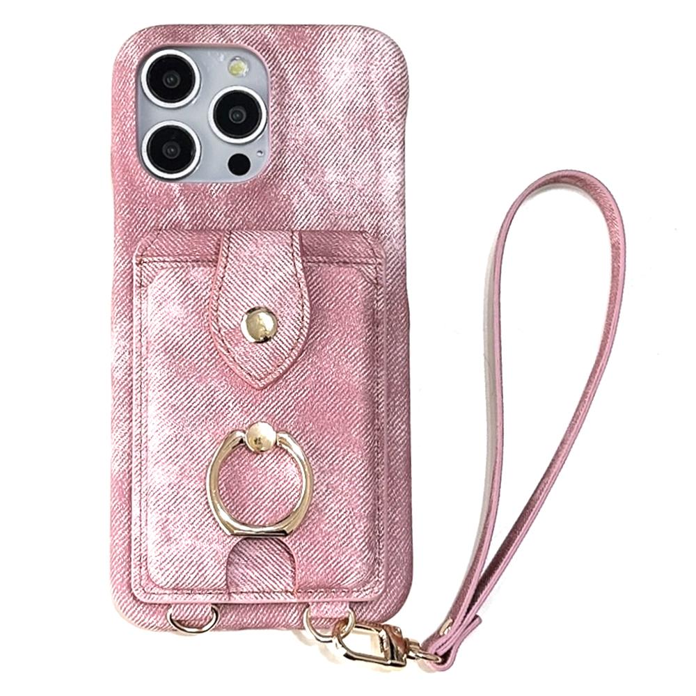 For iPhone 15 Pro Case Ring Kickstand Card Holder Jeans Cloth Texture PU Leather Back Cover with Strap