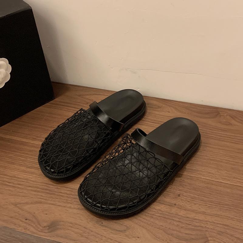 

Нишевые однословные ремни, сетчатые сумки с полым верхом, женские уличные тапочки, лето 2025, новые прохладные тапочки на плоской подошве 40 чёрный