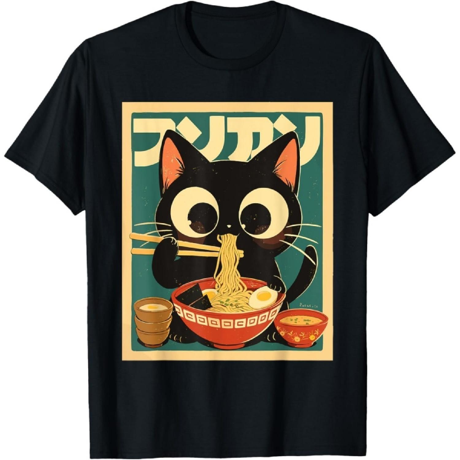 Gololl Funny Black Cat Ramen Japanese Anime T-Shirt for Men Women S