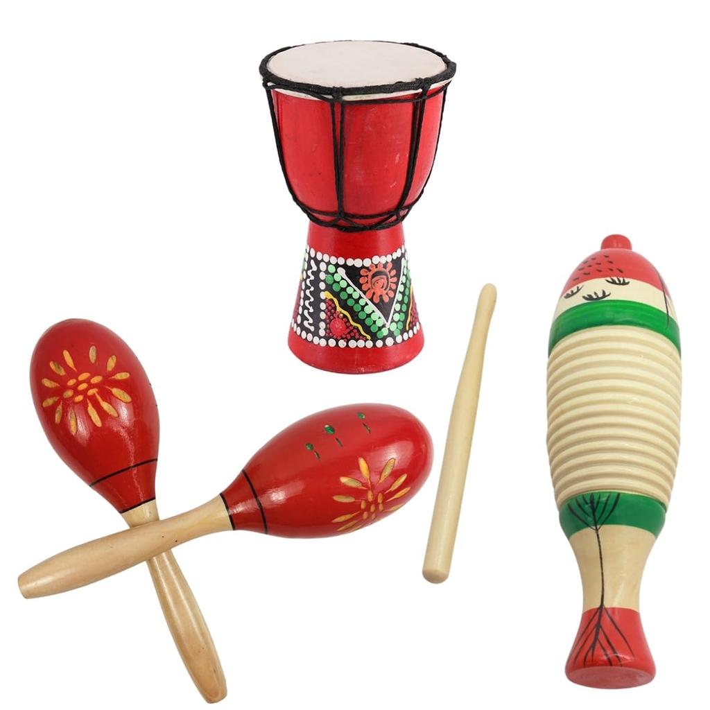 SALUDABLE 3-Piece Folk Instrument Set: Djembe, Wood Guiro, Maracas, Taiko Drum, and Wood Block