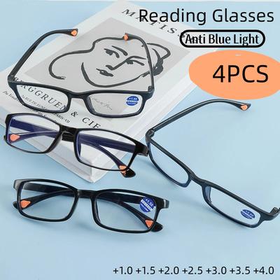 4PCS Lunettes de lecture à monture carrée Bloquant la lumière bleue Lunettes Hommes Femmes Ultra-légères HD Lunettes +1.0 1.5 2.0 2.5 3.0 3.5 4.0
