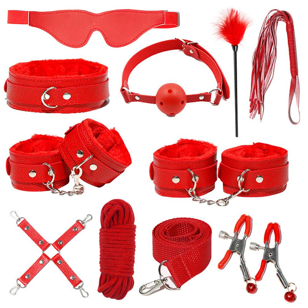 Sex Toys Kits for Couples PU Sex Bondage Set Handcuffs Sex Games Whip Gag Shackles Collar Fluff Stick Nipple Clamp For
