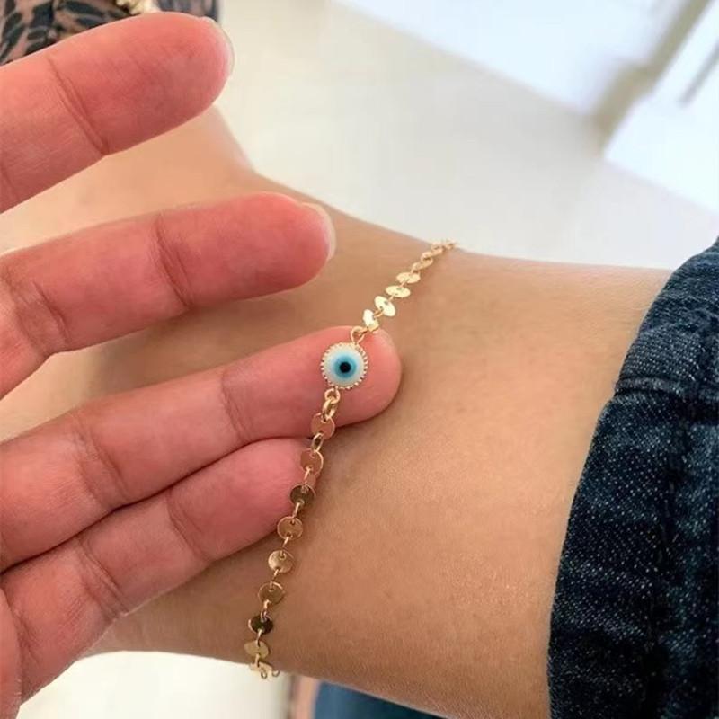 Trendy round beaded chain anklet, multi-layer flat snake bone chain, evil eye sequined foot decoration