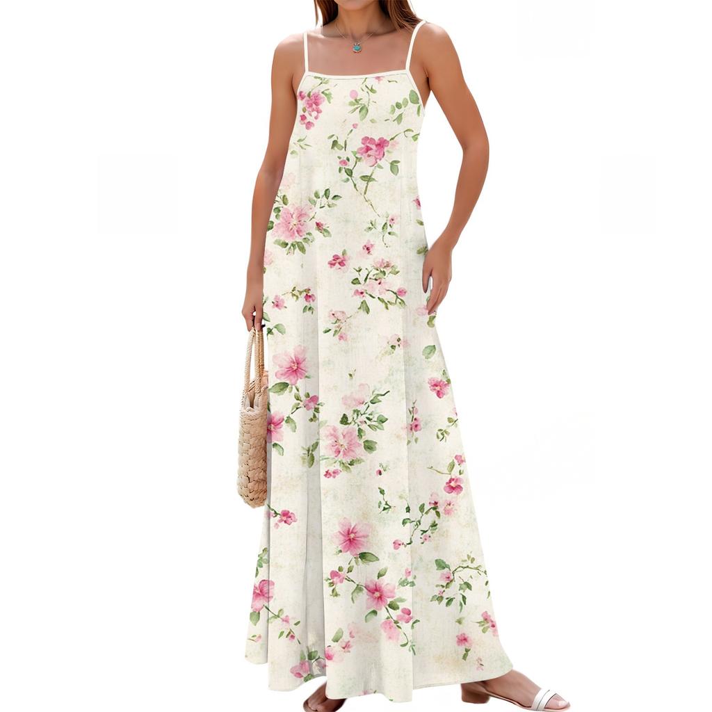 Women's Spring And Summer Casual Fashion Adjustable Suspender Printing Long Dress