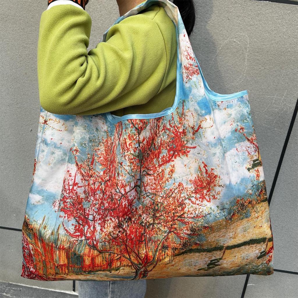 Faltbare quadratische Umhängetasche mit Ölgemälde-Print - Mehrfarbige Einkaufstasche