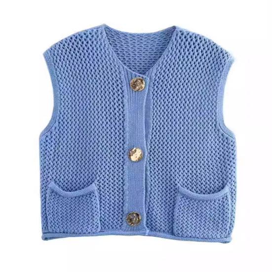 Women Knitting Vest V-Neck Sleeveless Single-Breasted Pocketed Knitting Waistcoat Versatile Solid Color Knitwear