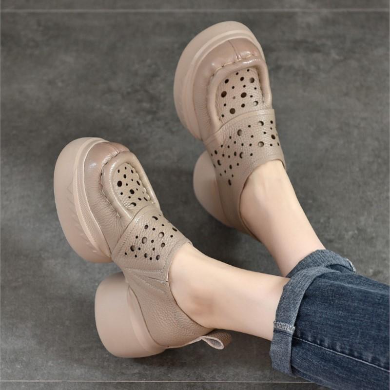 Johnature Thick Soled Retro Hollow Sandals Versatile Genuine Leather High Heels Women's Platform Shoes