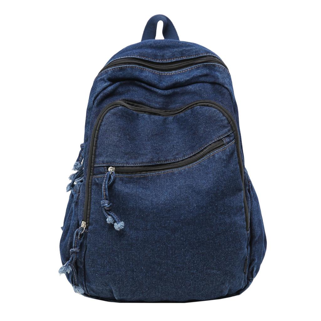 Denim Backpack Student Schoolbag Solid Color Backpack