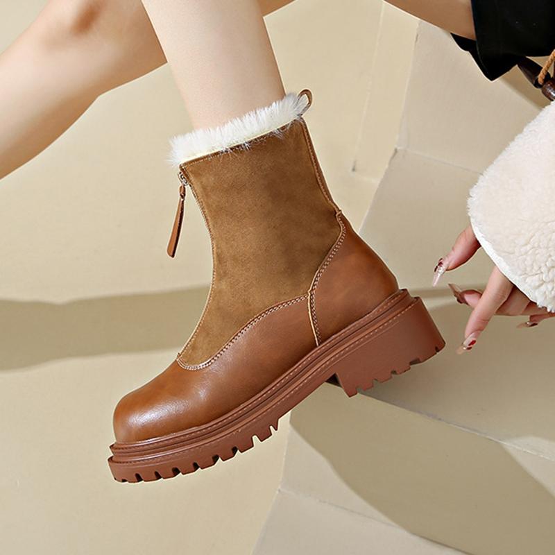 Vinter Korte Plysj Dame Snøstøvler Mote Korte Lær Plysj Damesnøstøvler Chelsea Plattform Fritids Dame Ankelstøvletter