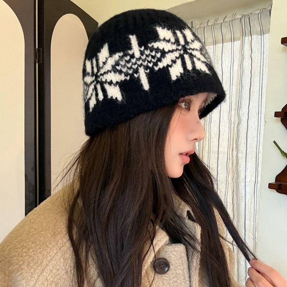 Wool Jacquard Knitted Hat Warm Printing Knit Cap Cute Snowflake Beanies Autumn