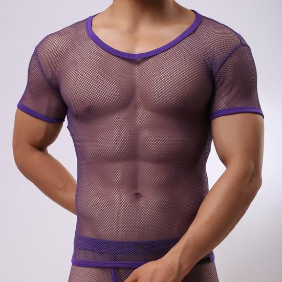 Men V-Neck Color Short Sleeve Hollow Tops Breathable Casual Style Tops