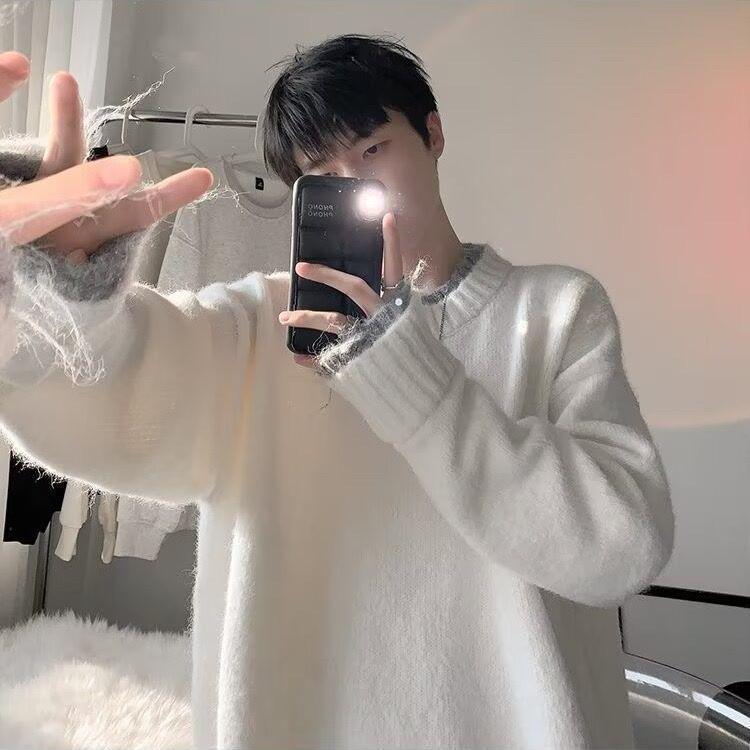 

2025 Autumn/Winter Men s Patchwork Loose Knitwear - Faux Two-Piece Round Neck Style 2XL білий