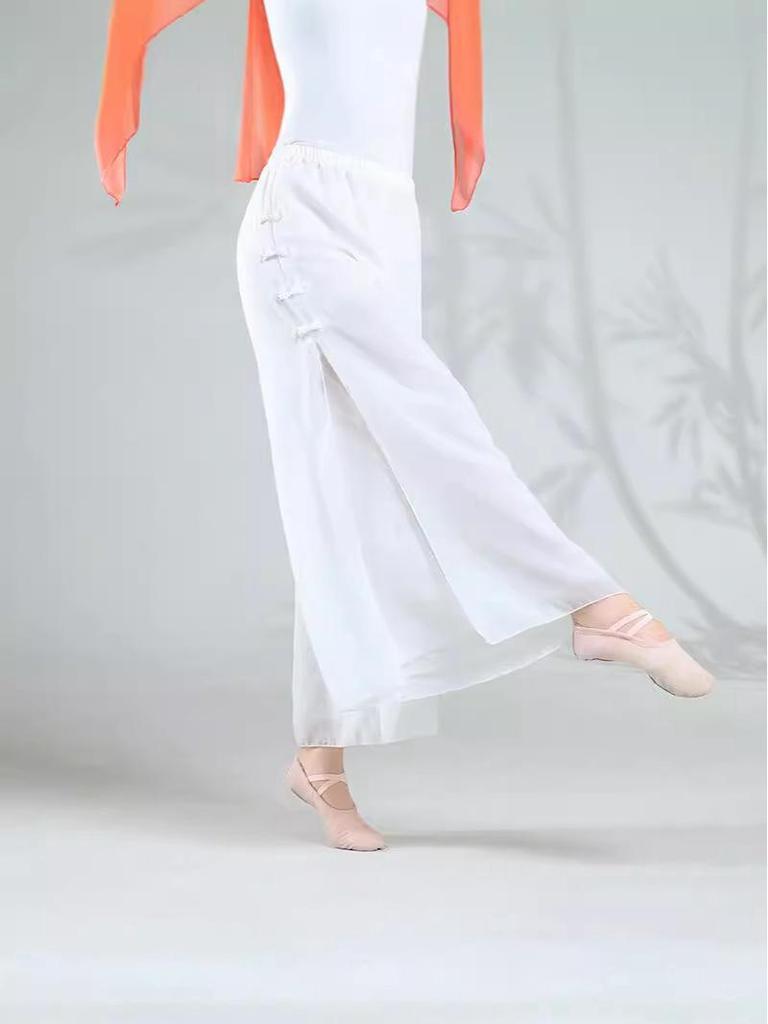 Women's Double Layer White Chiffon Dance Culottes - Wide Leg Flowy Pants for Classical Chinese Dance Practice