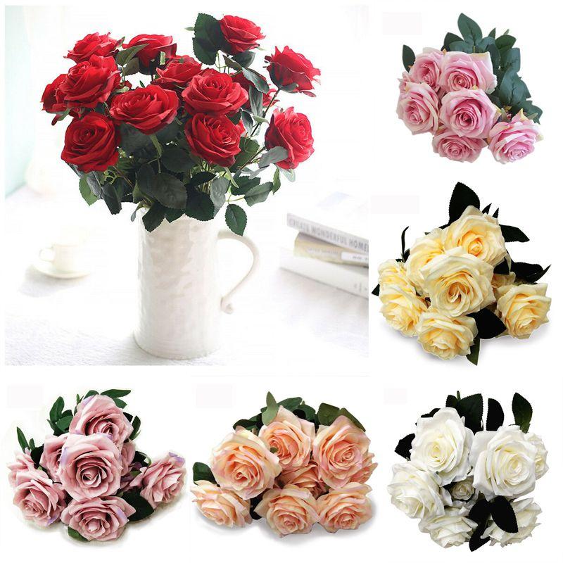 Elegant 10 Heads Silk Rose Artificial Flowers Bouquet For Wedding And Home Decor