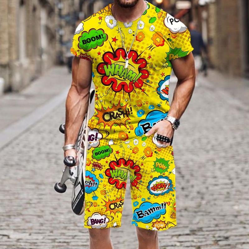 Sommer Herren T-Shirt Set Hip Hop Lustige Kurzarm T-Shirt Shorts 2-teiliger Trainingsanzug Bunte Lässige Sportanzug Unisex Kleidung