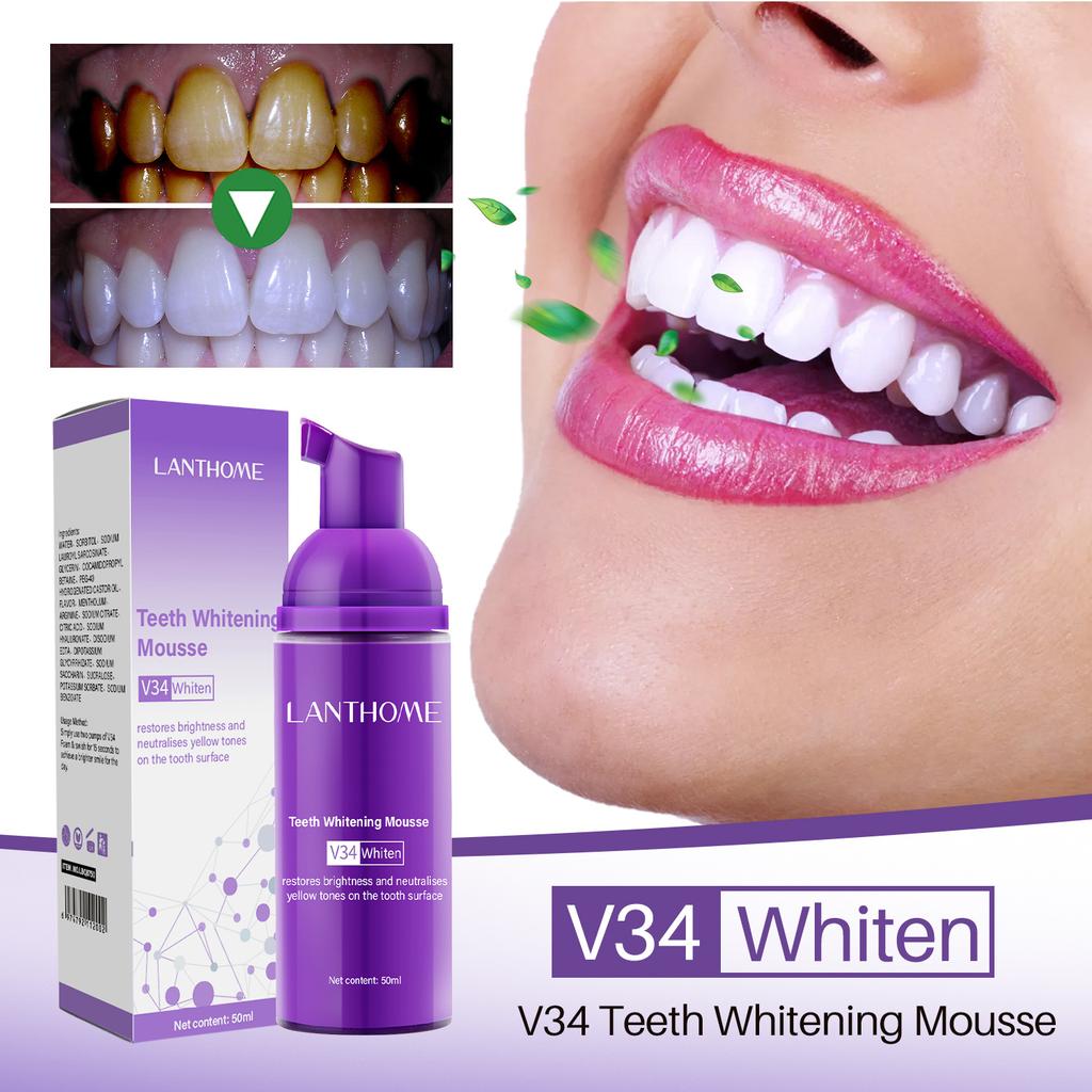 V34 Teeth Mousse, Teeth Whitening for Smokers, Remove Stains, Fresh Breath, Portable Teeth Whitening Mousse, 30ml