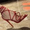 2025 New Open-toed Hollow Cross-strap Red Sandals Women's Word Strap Matte Stiletto High Heels Women's Shoes
