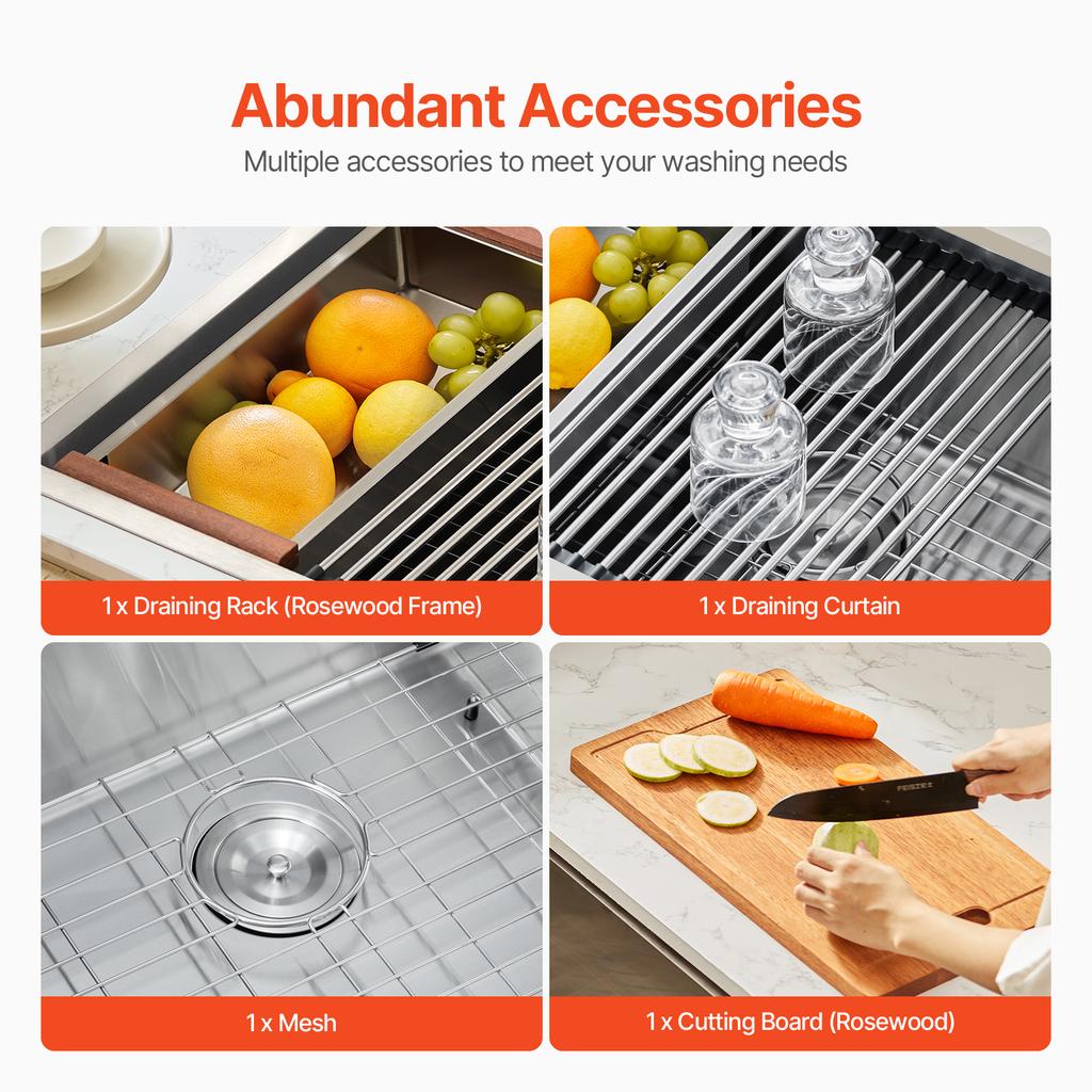 SucceBuy Kitchen Sink Workstation Stainless Steel Top Mount Sink DropIn Single Bowl Farmhouse Basin w/Ledge&Multiple Accessories