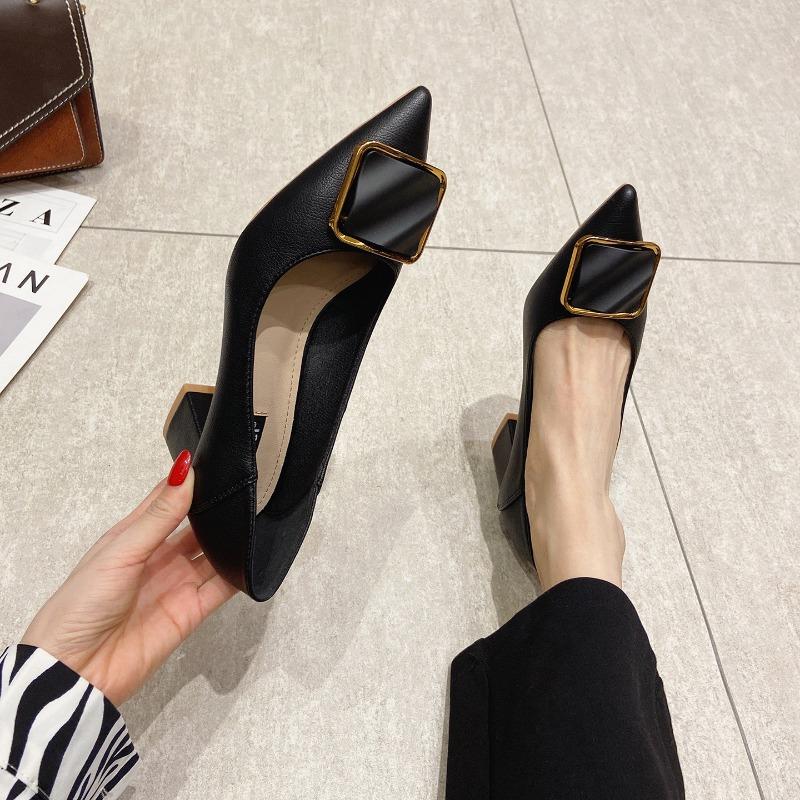 55-Pointed head shallow mouth single shoes square buckle commuter work shoes comfortable thick heel high heels comfortable height increase