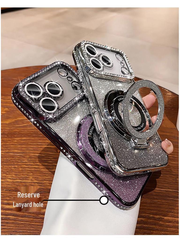 Rhinestone Glitter Magnetic Stand Case with Lens Film for iPhone 17 Pro Max, Drop-proof, Apple 16.
