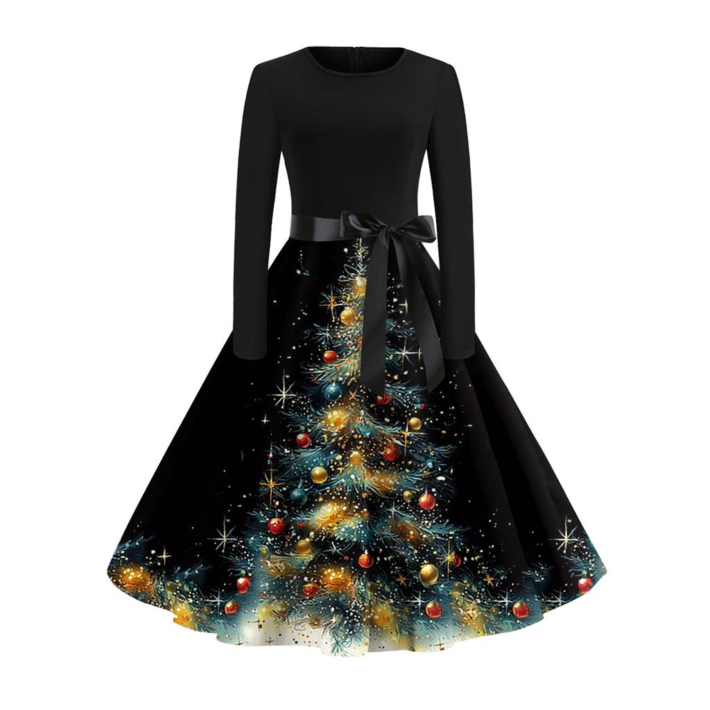 Women's Fashionable And Elegant  Winter Long-sleeved Christmas Tree Print Dress