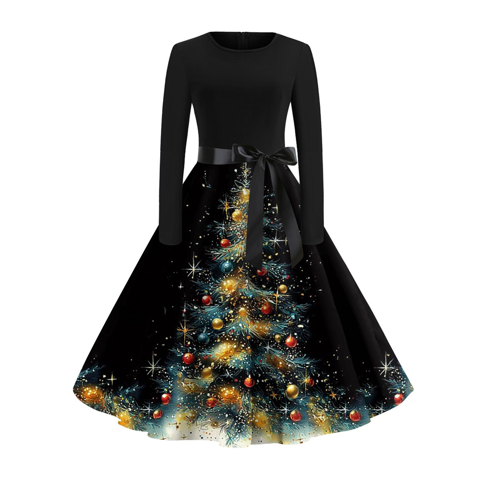 

Женское модное и элегантное зимнее платье с длинным рукавом и принтом рождественской елки S