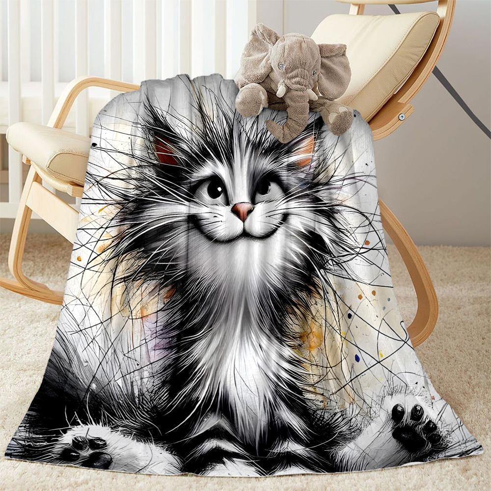 Whimsical Cat Artwork Flannel Blanket,Lightweight,Office Blanket,Sofa Blanket,Comfortable Blanket