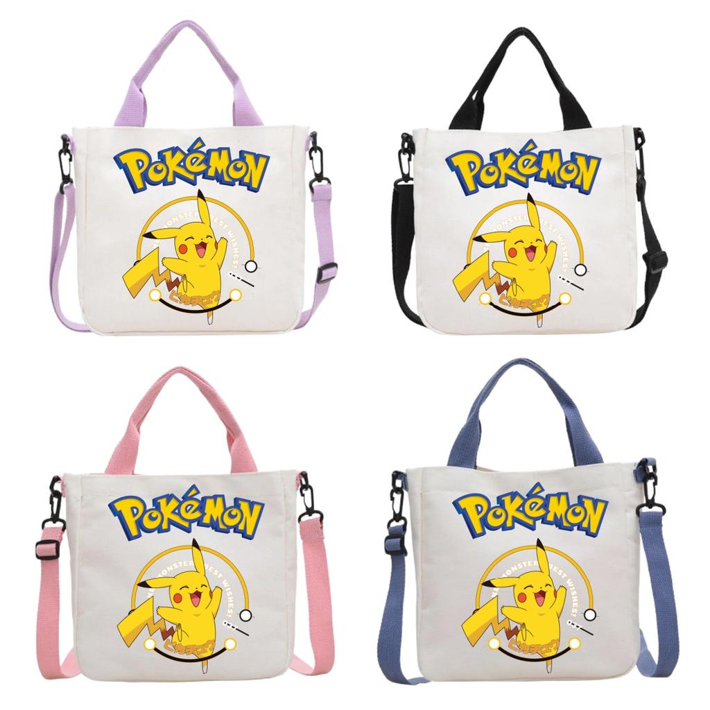 Pokemon Canvas Crossbody Bag Pikachu Cartoon Pattern Print Handbag Fashion Portable Large Capacity Travel Shopping Storage Kid Friendly Entertaining