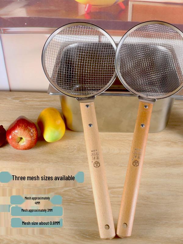 Wooden Handle Stainless Steel Slotted Spoon Mesh Strainer Colander for Noodles and Draining