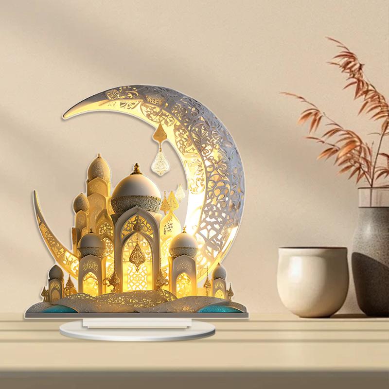 2D Acryl Maanvormig Kasteel Ornament Ramadan Festival Decoratie Eid Al-Fitr Mubarak Islamitisch Tafelbord Huisfeest Evenementen Decor+