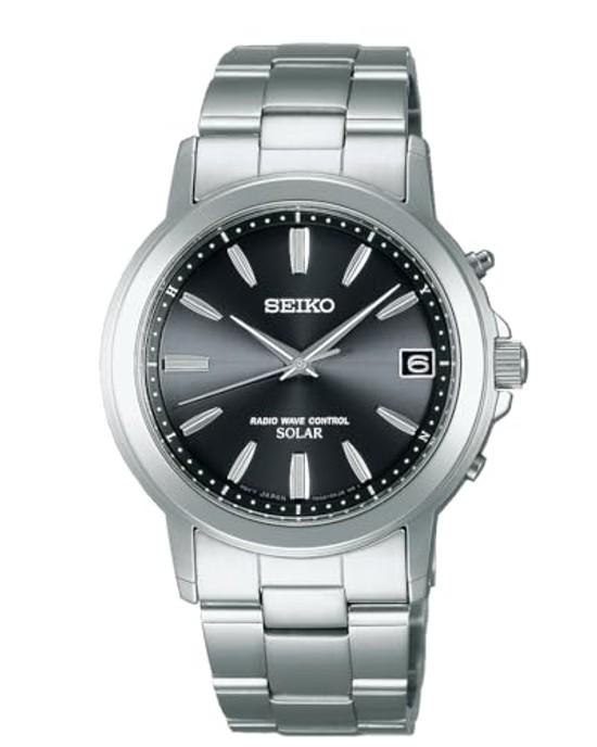 SEIKO SELECTION SBTM169 orologio da polso da uomo solare radiocontrollato con datario quadrante nero vetro zaffiro argentato acciaio inossidabile 10 ATM impermeabile