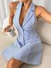 European & American Women's Backless Strappy Striped Halter Dress with Bow & Buttons