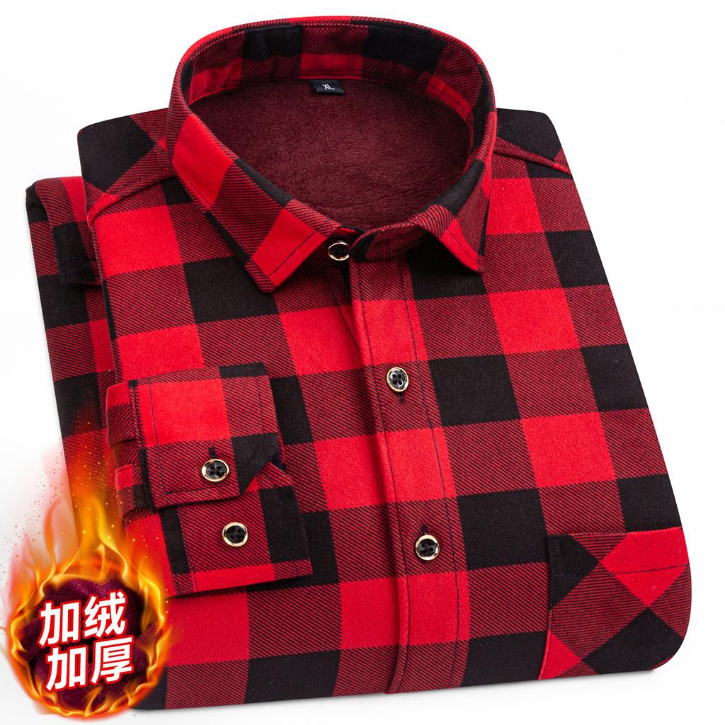 2026 Autumn Winter Men's Fashion Plaid Striped Print Shirts Double-sided Fleece Long Sleeve Thick Warm Shirts Soft Big Size 7XL