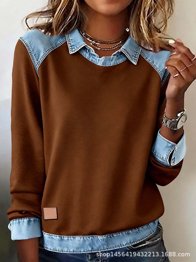 Abbigliamento donna europeo e americano ins colletto in denim maniche lunghe, maglione top a pullover con splicing in maglia