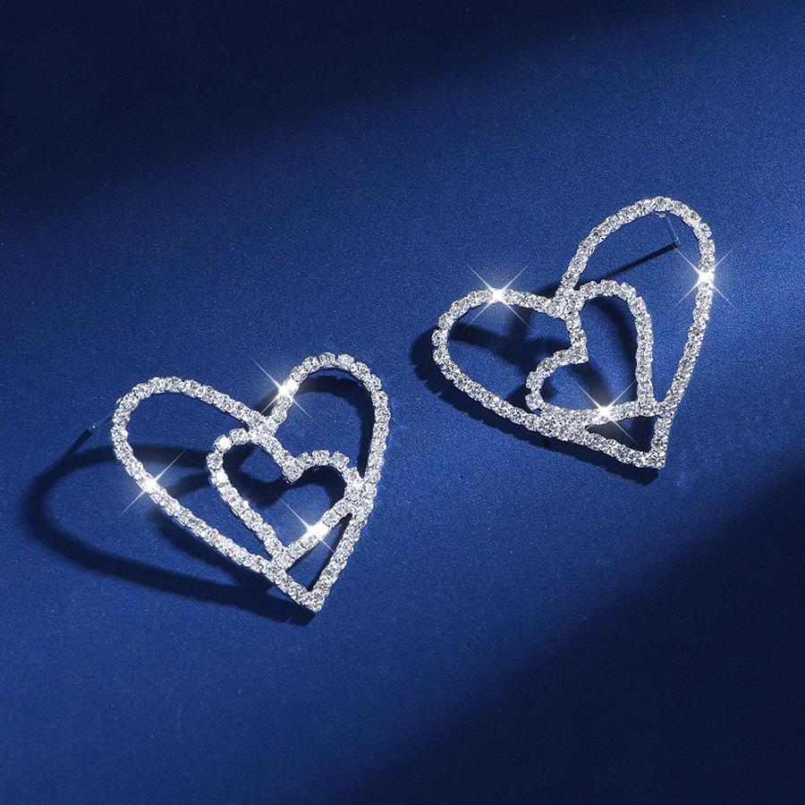 2026 European & American Sparkly Double Heart Earrings for Women - High-End, Simple Niche Design