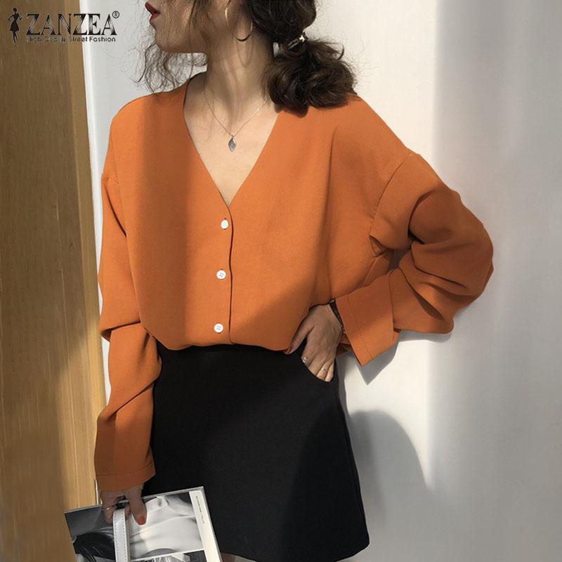 

ZANZEA Женский летний повседневный топ на пуговицах с v-образным вырезом, заниженными плечами и длинными рукавами