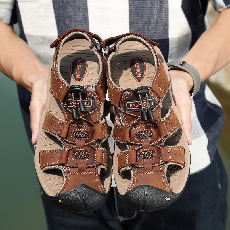 

Summer Sandals Leather Outdoor Men Beach Shoes Luxury Breathable Casual Sandal Man Wading Shoes Non-slip Wide Lining Slippers 38 коричневый