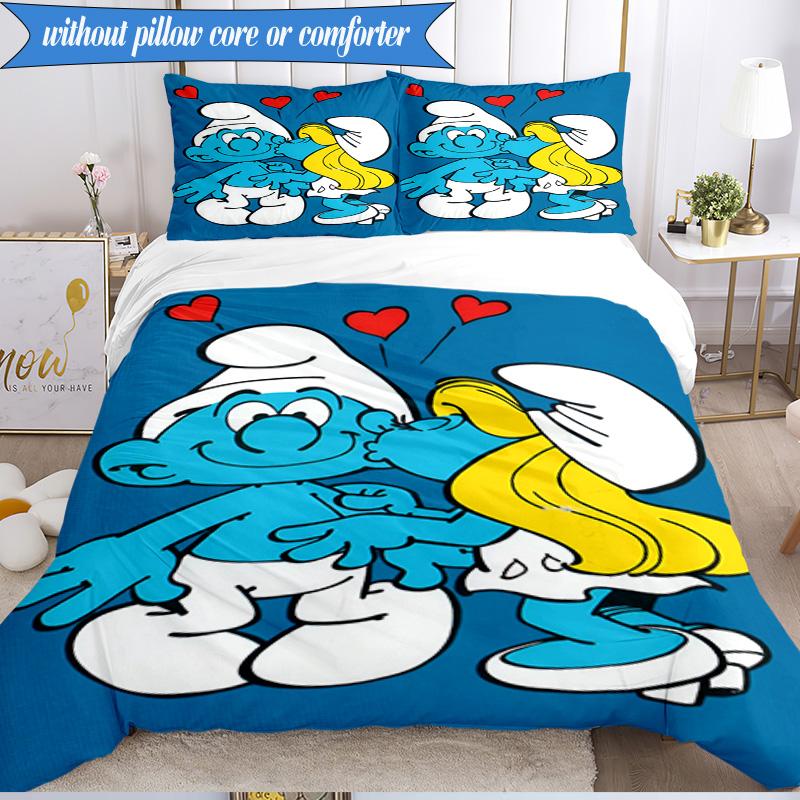 3PCS Blue Smur-f Characters Bedding Set,Including 1pc Duvet Cover And 2pcs Pillowcases Perfect for Bedroom, Dormitory, Fan Christmas gift