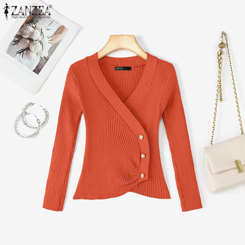 

ZANZEA Женские трикотажные свитера с V-образным вырезом, длинным рукавом, перекрестом спереди, повседневные, приталенные One Size красный/оранжевый