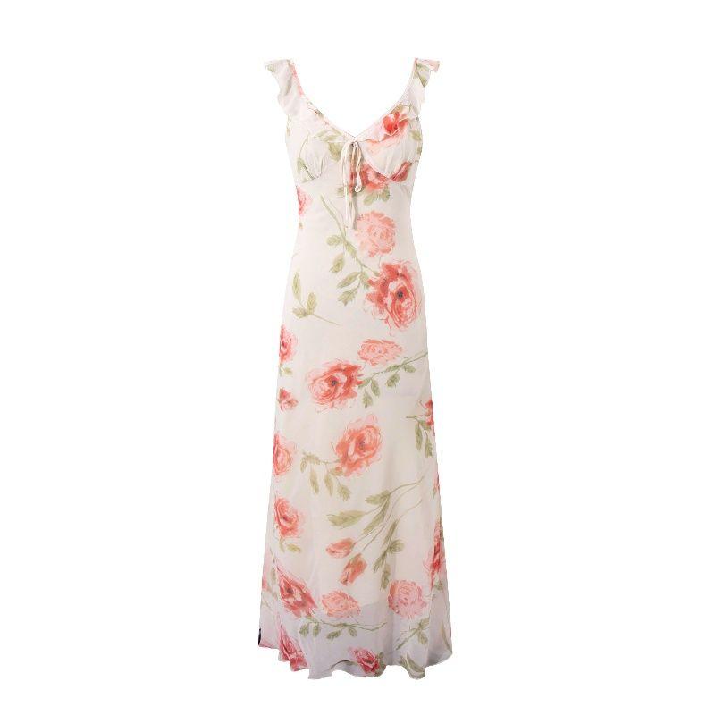 Real Series French Style Downy Gentle Sexy V-neck Rose Print Ruffle Sleeveless Dress