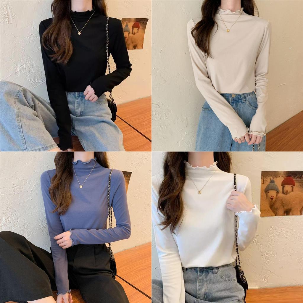 Spring Autumn Winter Knitwear T Shirt For Women With Wood Ears Trim And Half High Neck In Soft Fabric